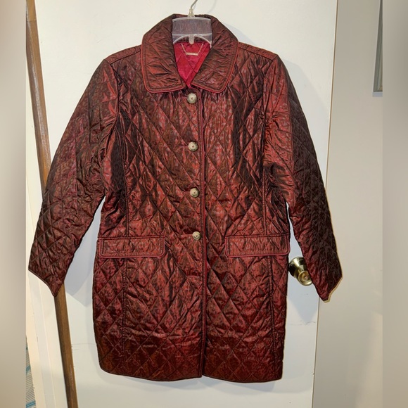 Women’s Chico’s 1 (8/10) Long Quilted Animal Print Red Jacket Leather Trim Lined - Picture 1 of 10
